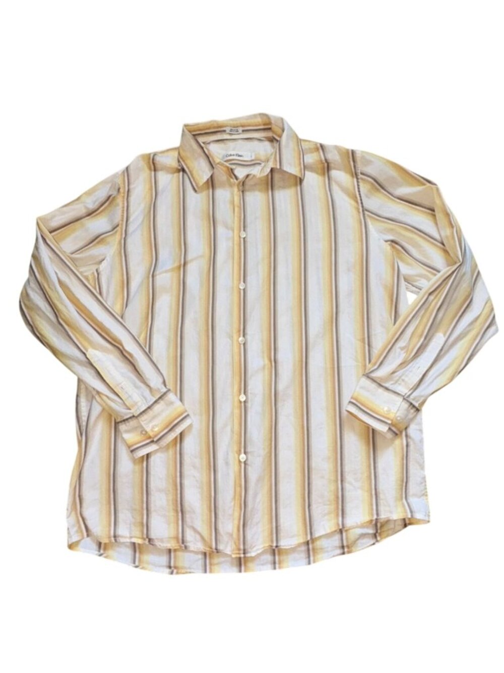 Calvin Klein Mens Striped Button Front Shirt-Yellow/White-L-GUC